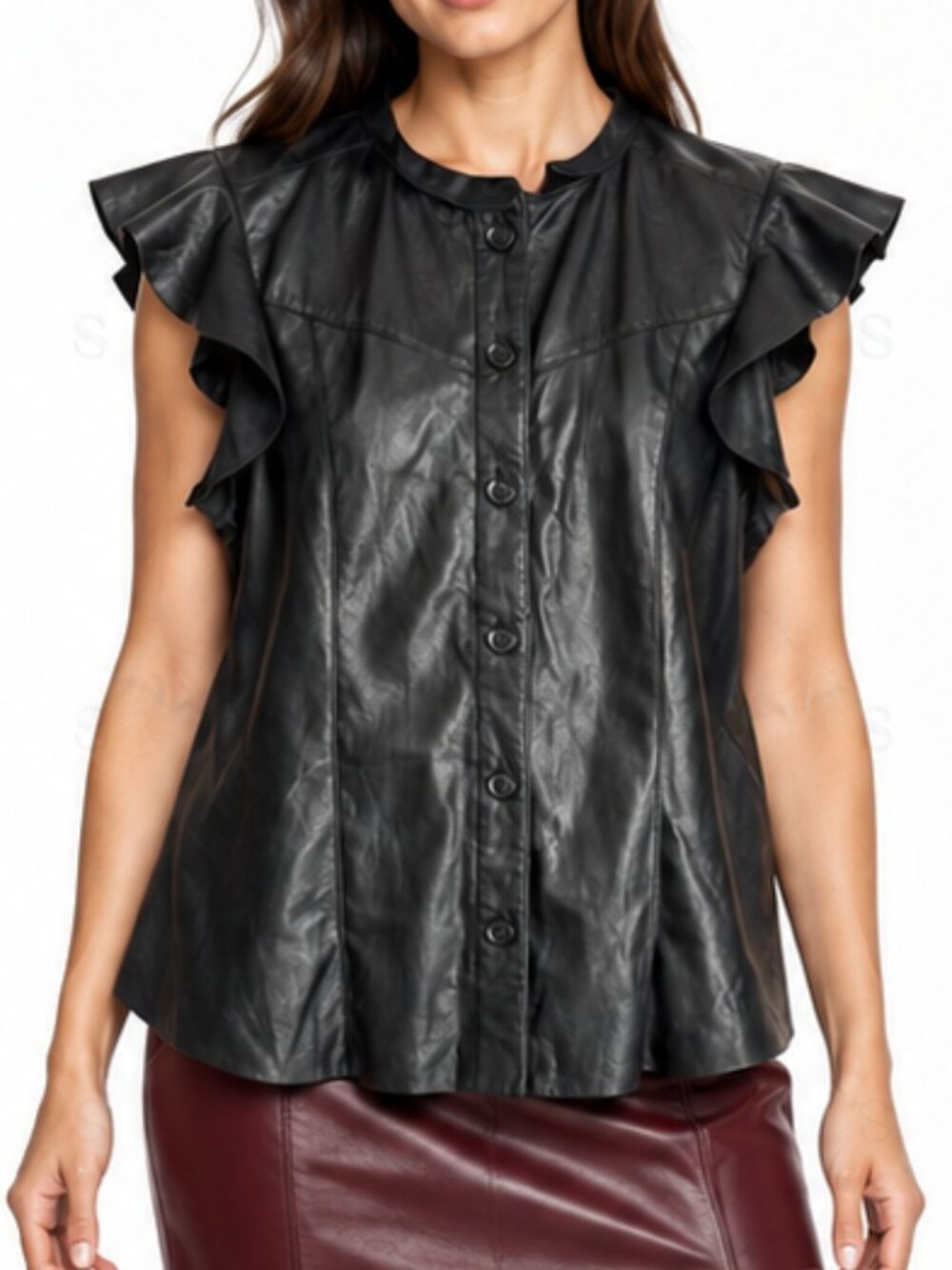 Joie Black Faux Leather Ruffle Shoulder Button Front Blouse Size Medium